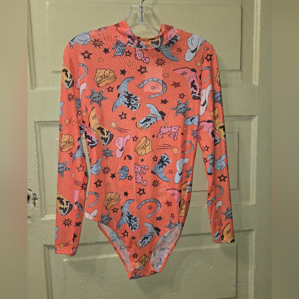 Boutique Cowboy Print Long Sleeve Mesh Bodysuit NWT Size: Large